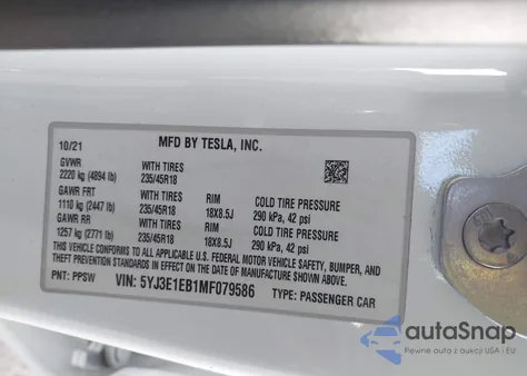2021 Tesla Model 3 Long Range Dual Motor All-Wheel Drive z USA, uszkodzony, nr VIN 5YJ3E1EB1MF079586